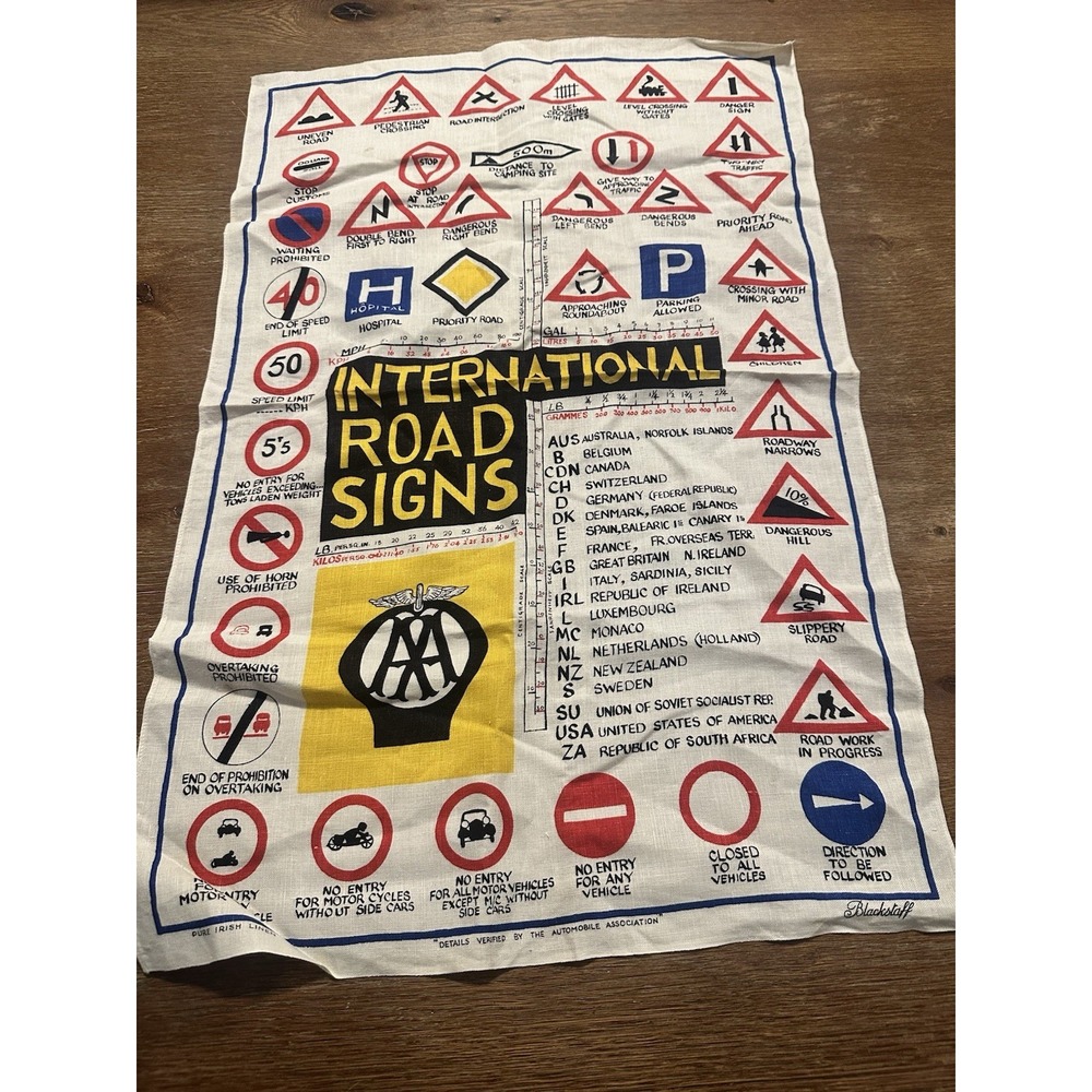 Vintage Linen International Road Signs Tea Towel Ireland Transportation